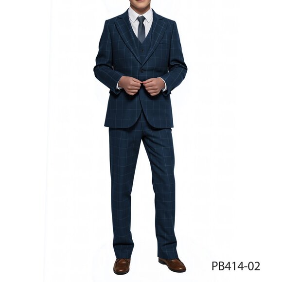 Mens Giovanni Testi Navy 3 Piece Suit – Modern Fit 2 Button Notch Lapel, Side Vents, Flex Waist Trousers